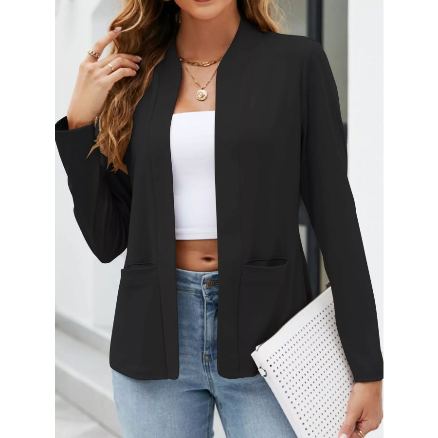 Full Size Open-Front Long Sleeve Blazer Plus Black-Pockets / S Apparel and Accessories
