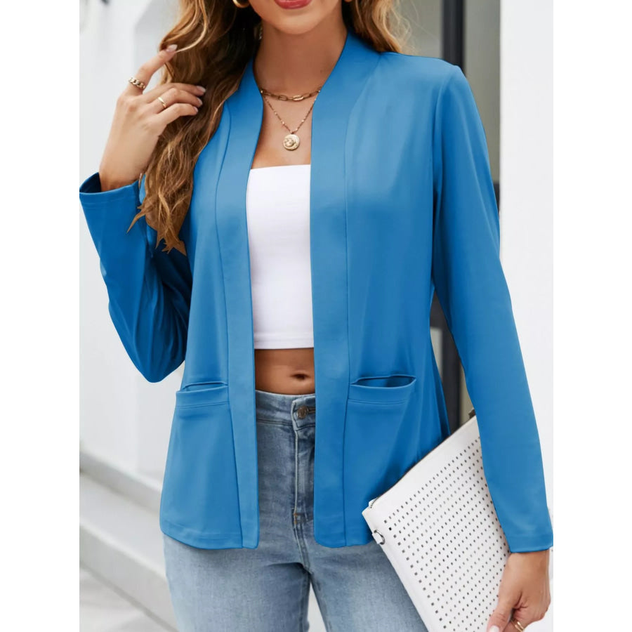 Full Size Open-Front Long Sleeve Blazer Plus Blue-Pockets / S Apparel and Accessories