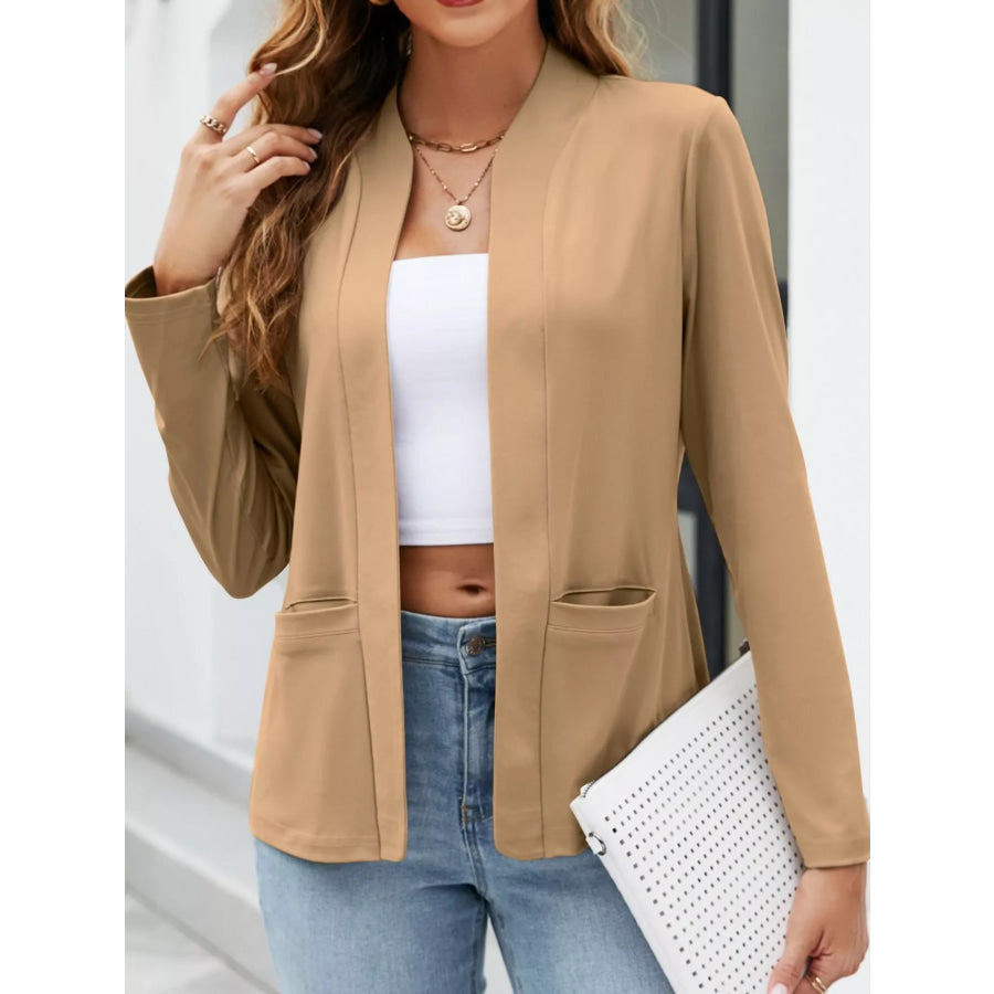 Full Size Open-Front Long Sleeve Blazer Plus Khaki-Pockets / S Apparel and Accessories