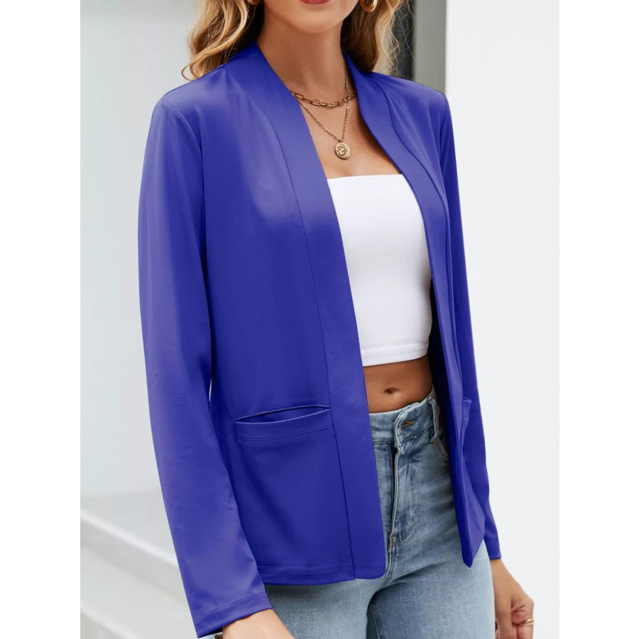 Full Size Open-Front Long Sleeve Blazer Plus Navy Blue-Pockets / S Apparel and Accessories
