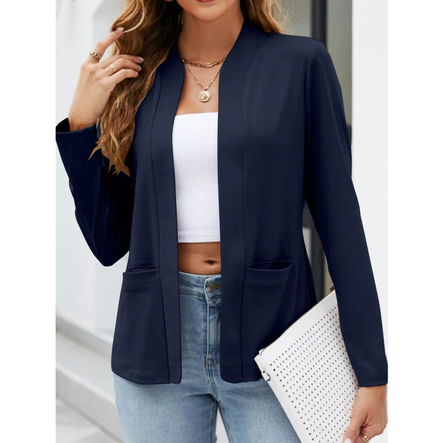 Full Size Open-Front Long Sleeve Blazer Plus Navy-Pockets / S Apparel and Accessories