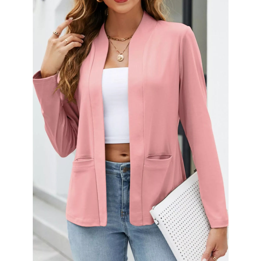 Full Size Open-Front Long Sleeve Blazer Plus Pink-Pockets / S Apparel and Accessories