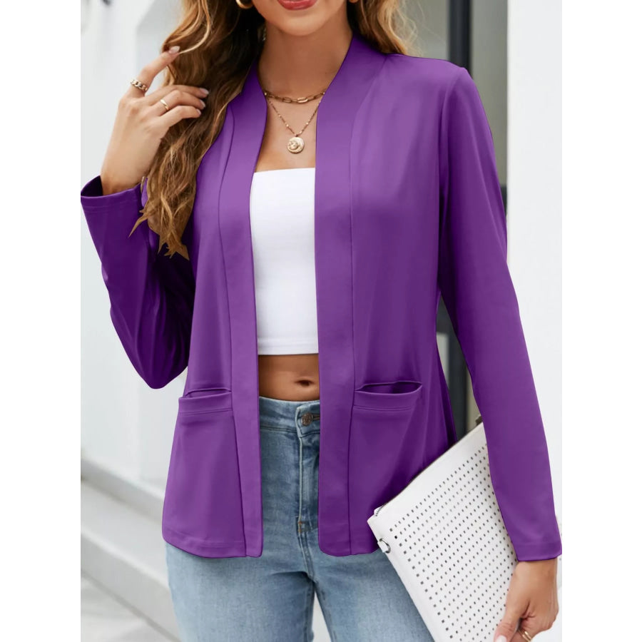 Full Size Open-Front Long Sleeve Blazer Plus Purple-Pockets / S Apparel and Accessories