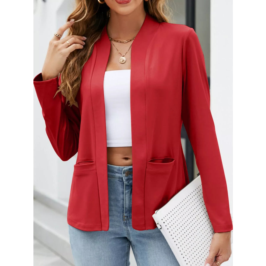 Full Size Open-Front Long Sleeve Blazer Plus Red-Pockets / S Apparel and Accessories
