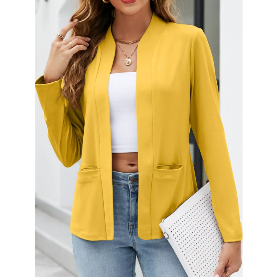 Full Size Open-Front Long Sleeve Blazer Plus Yellow-Pockets / S Apparel and Accessories
