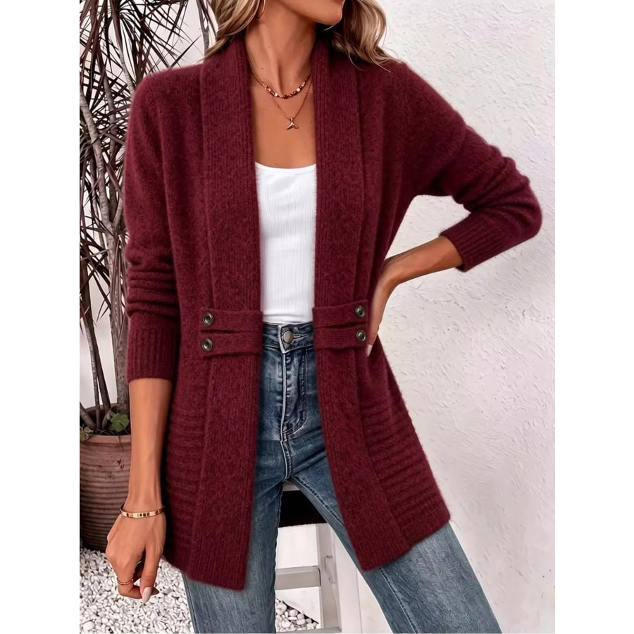 Full Size Open Front Long Sleeve Cardigan Plus Burgundy / S Apparel and Accessories