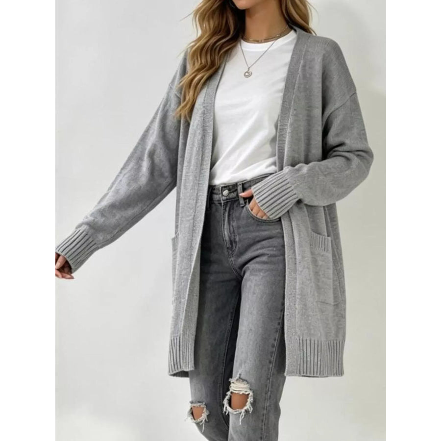 Full Size Open-Front Longline Knit Cardigan Plus Size Light Gray / S Apparel and Accessories