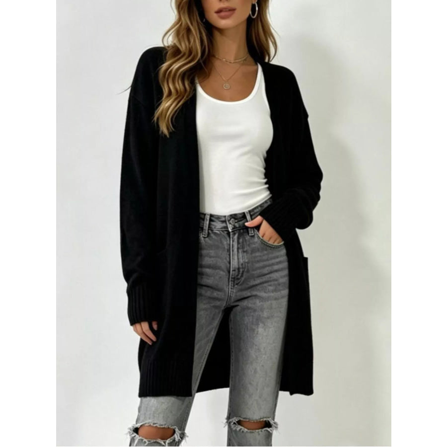 Full Size Open-Front Longline Knit Cardigan Plus Size Black / S Apparel and Accessories