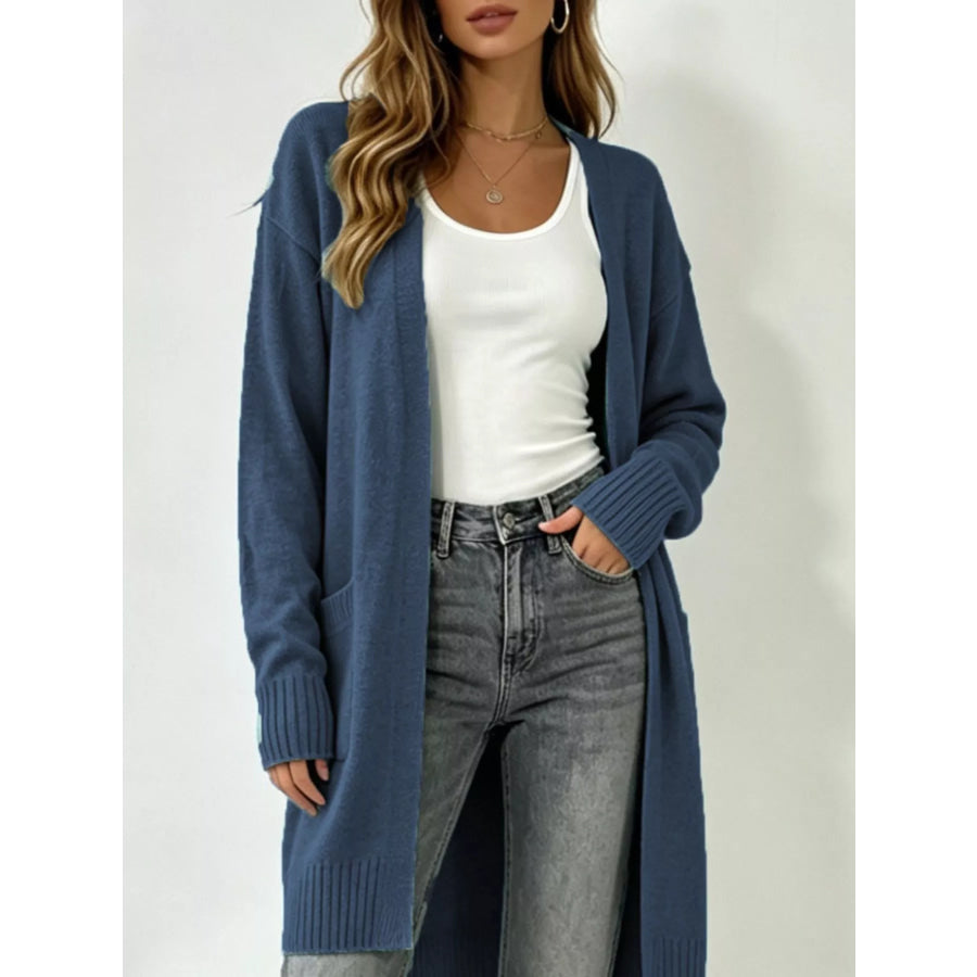 Full Size Open-Front Longline Knit Cardigan Plus Size Blue / S Apparel and Accessories