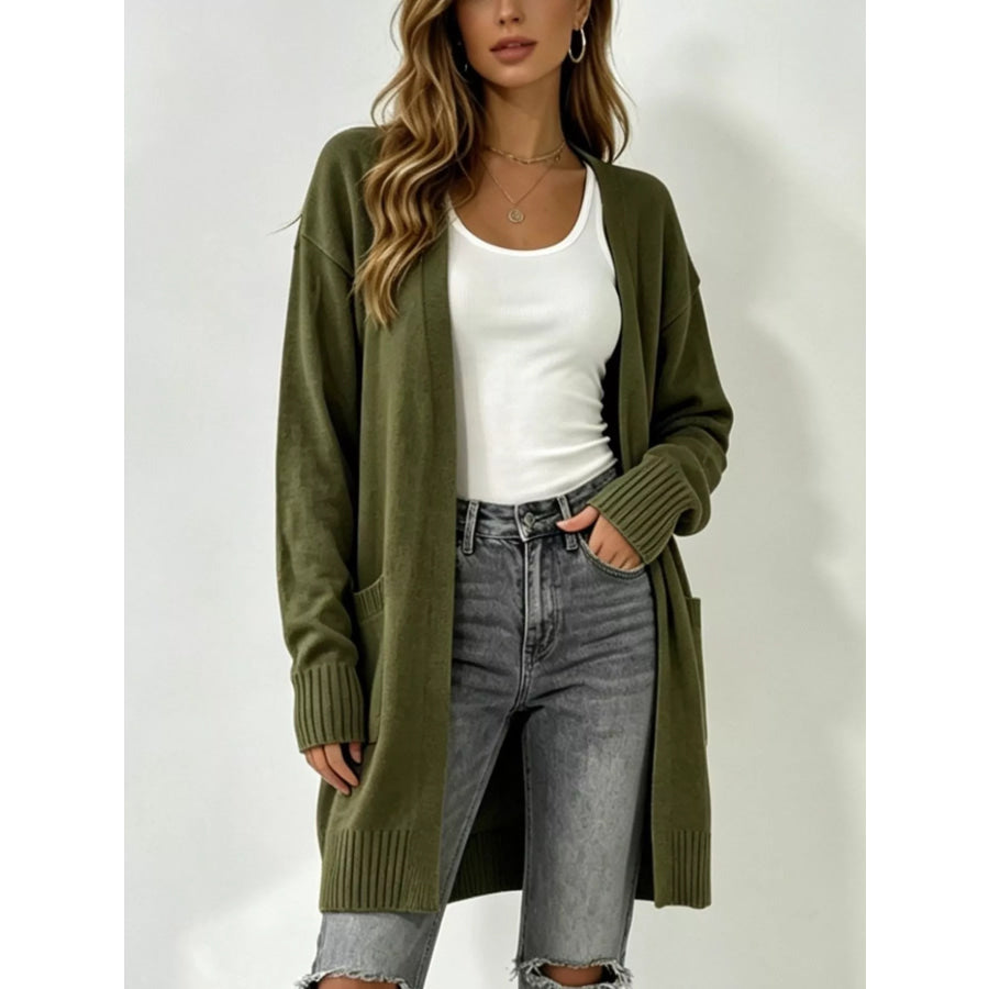 Full Size Open-Front Longline Knit Cardigan Plus Size Green / S Apparel and Accessories