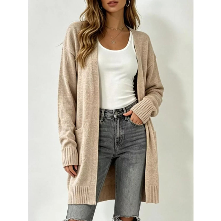 Full Size Open-Front Longline Knit Cardigan Plus Size Khaki / S Apparel and Accessories