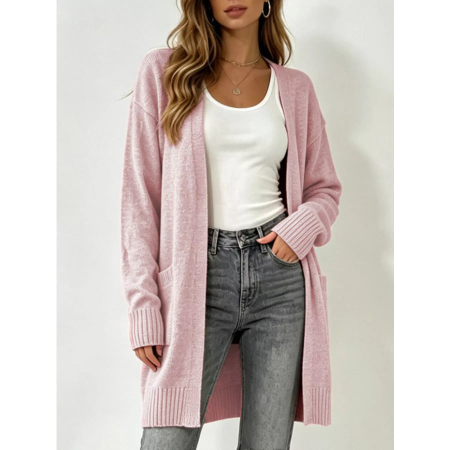 Full Size Open-Front Longline Knit Cardigan Plus Size Pink / S Apparel and Accessories