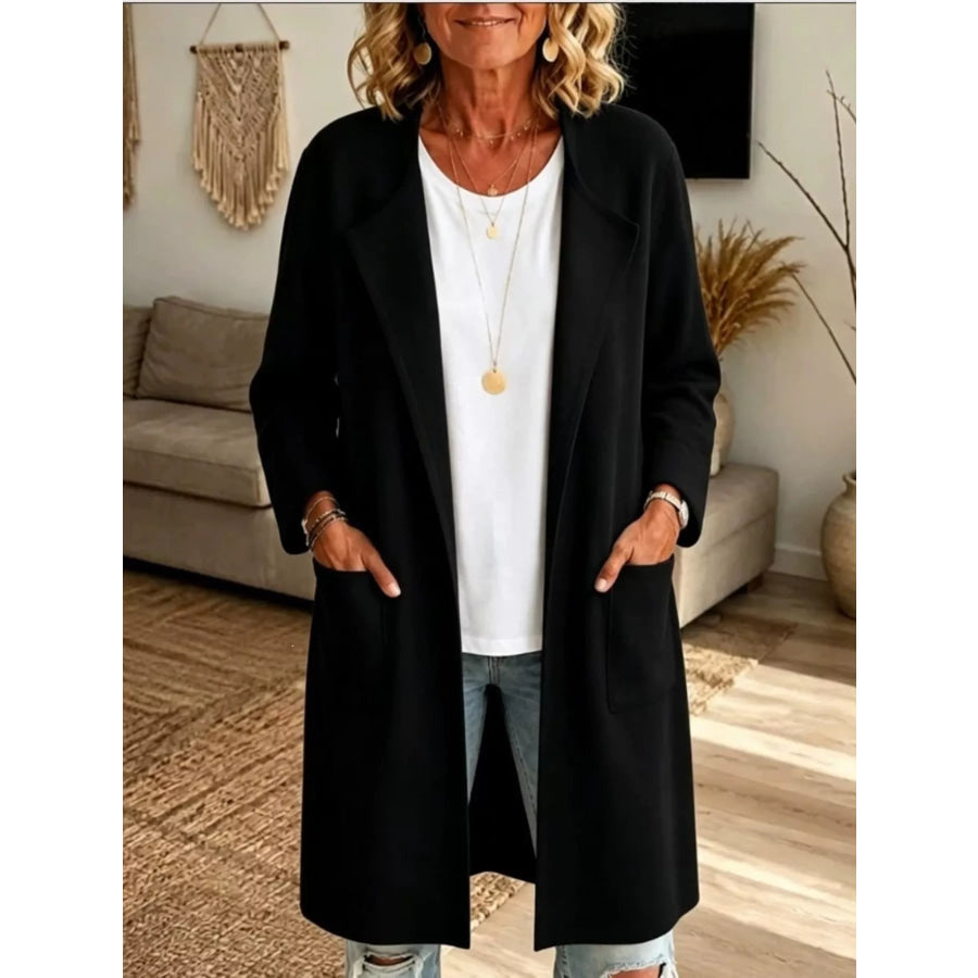 Full Size Open-Front Longline Knit Outerwear Plus Black / S Apparel and Accessories