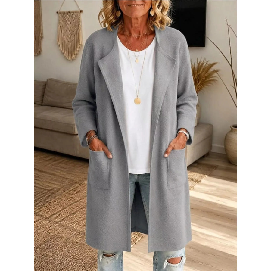 Full Size Open-Front Longline Knit Outerwear Plus Gray / S Apparel and Accessories