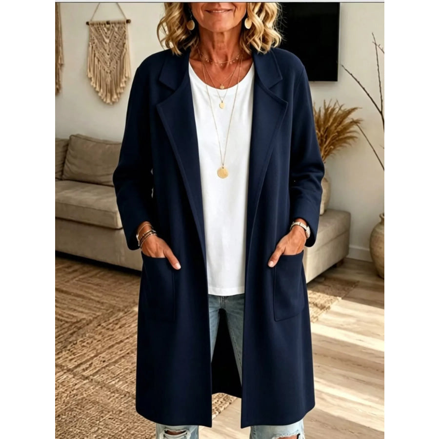 Full Size Open-Front Longline Knit Outerwear Plus Navy Blue / S Apparel and Accessories