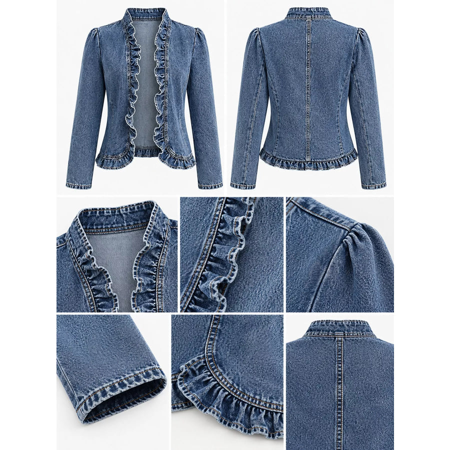 Full Size Open Front Ruffled Trim Washed Denim Jacket Plus Apparel and Accessories