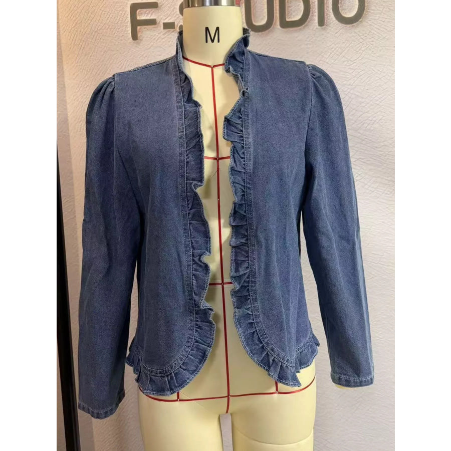 Full Size Open Front Ruffled Trim Washed Denim Jacket Plus Apparel and Accessories