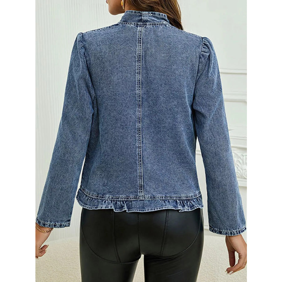 Full Size Open Front Ruffled Trim Washed Denim Jacket Plus Apparel and Accessories