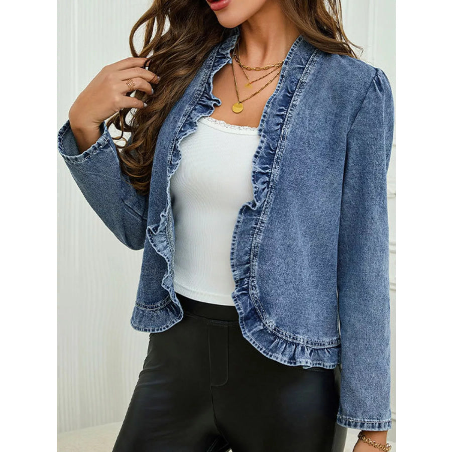 Full Size Open Front Ruffled Trim Washed Denim Jacket Plus Apparel and Accessories