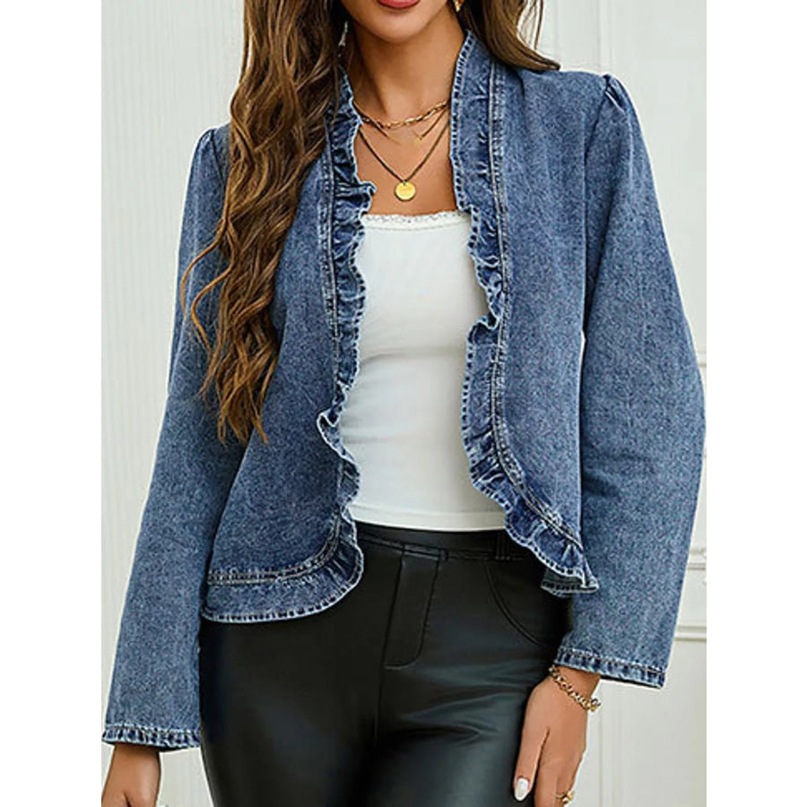 Full Size Open Front Ruffled Trim Washed Denim Jacket Plus Apparel and Accessories