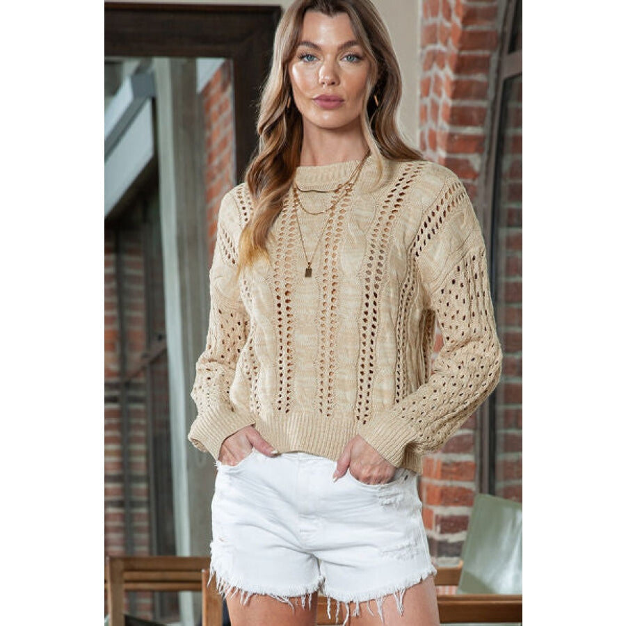 Full Size Openwork Cable-Knit Round Neck Knit Top Beige / S Clothing