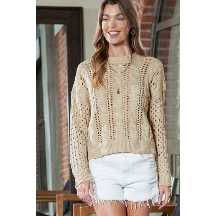 Full Size Openwork Cable-Knit Round Neck Knit Top Clothing