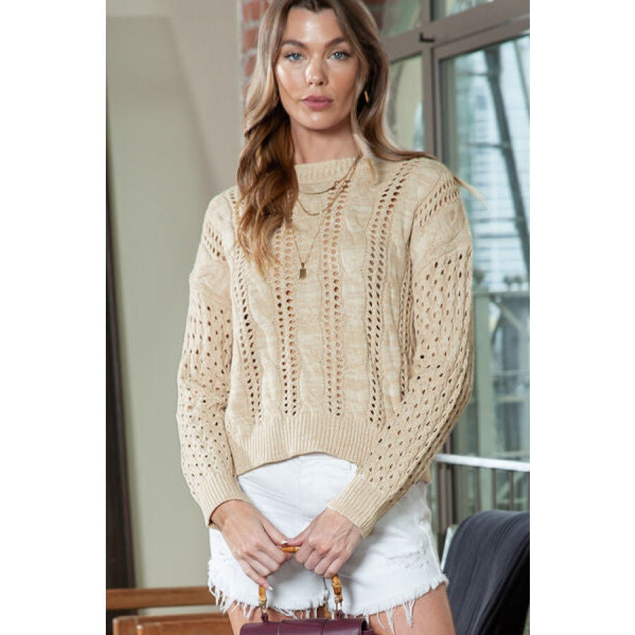 Full Size Openwork Cable-Knit Round Neck Knit Top Clothing