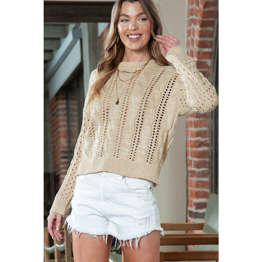 Full Size Openwork Cable-Knit Round Neck Knit Top Clothing