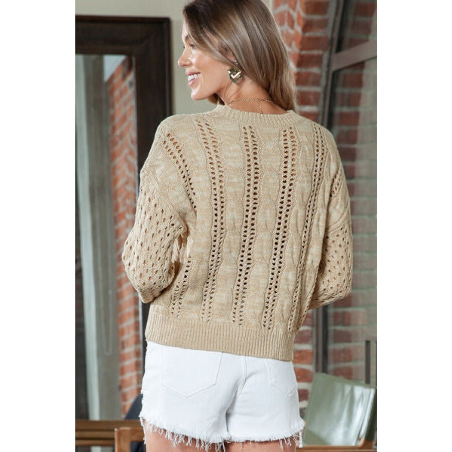 Full Size Openwork Cable-Knit Round Neck Knit Top Beige / S Clothing