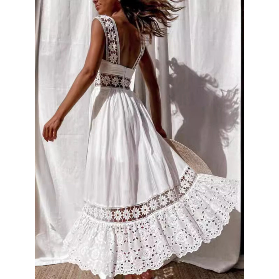 Full Size Openwork Crochet Sleeveless Midi Dress Plus Size Apparel and Accessories