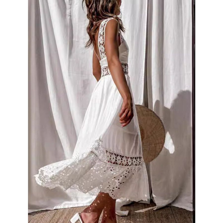 Full Size Openwork Crochet Sleeveless Midi Dress Plus Size Apparel and Accessories