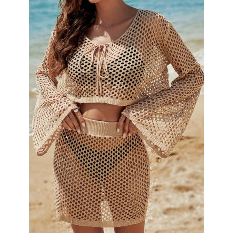 Full Size Openwork Flare Sleeve Top and Skirt Cover Up Set Tan / S Apparel and Accessories