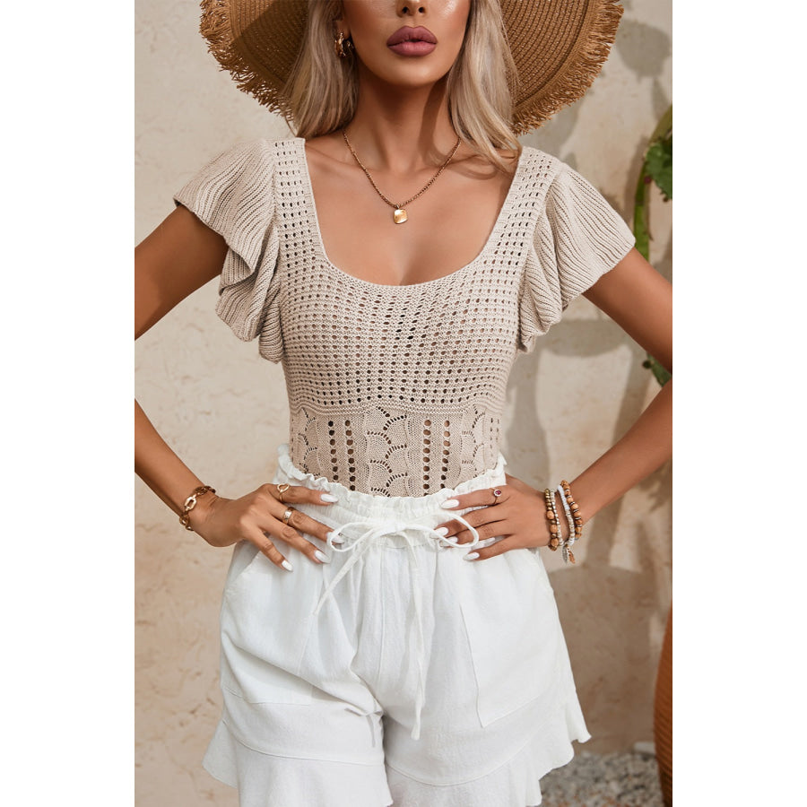 Full Size Openwork Flutter Sleeve Knit Top Dust Storm / S Apparel and Accessories