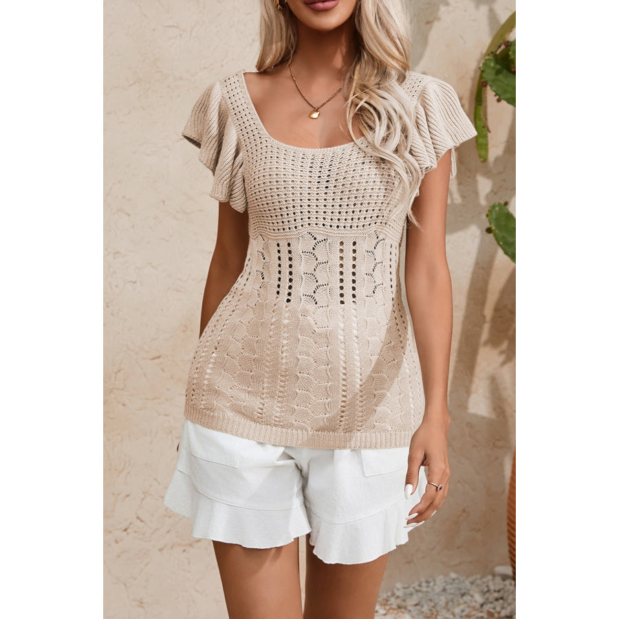 Full Size Openwork Flutter Sleeve Knit Top Dust Storm / S Apparel and Accessories
