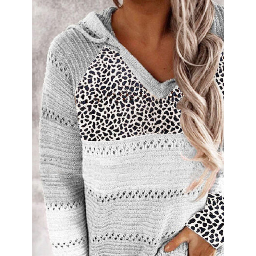 Full Size Openwork Leopard Drawstring Hooded Sweater Apparel and Accessories
