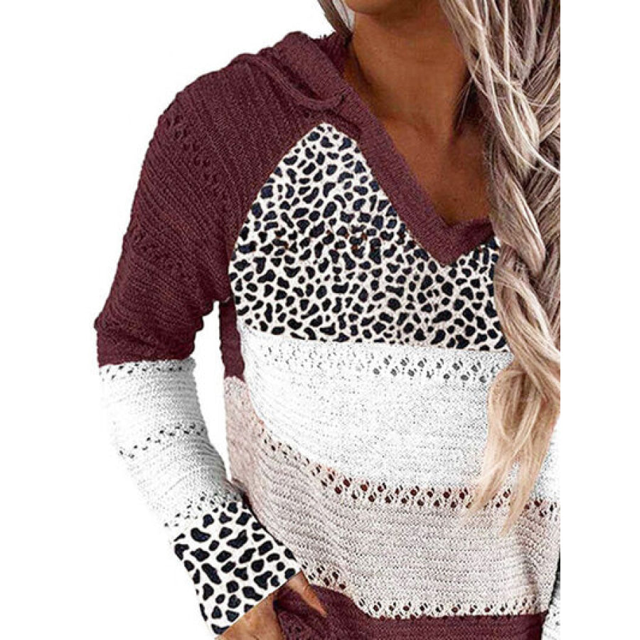 Full Size Openwork Leopard Drawstring Hooded Sweater Apparel and Accessories