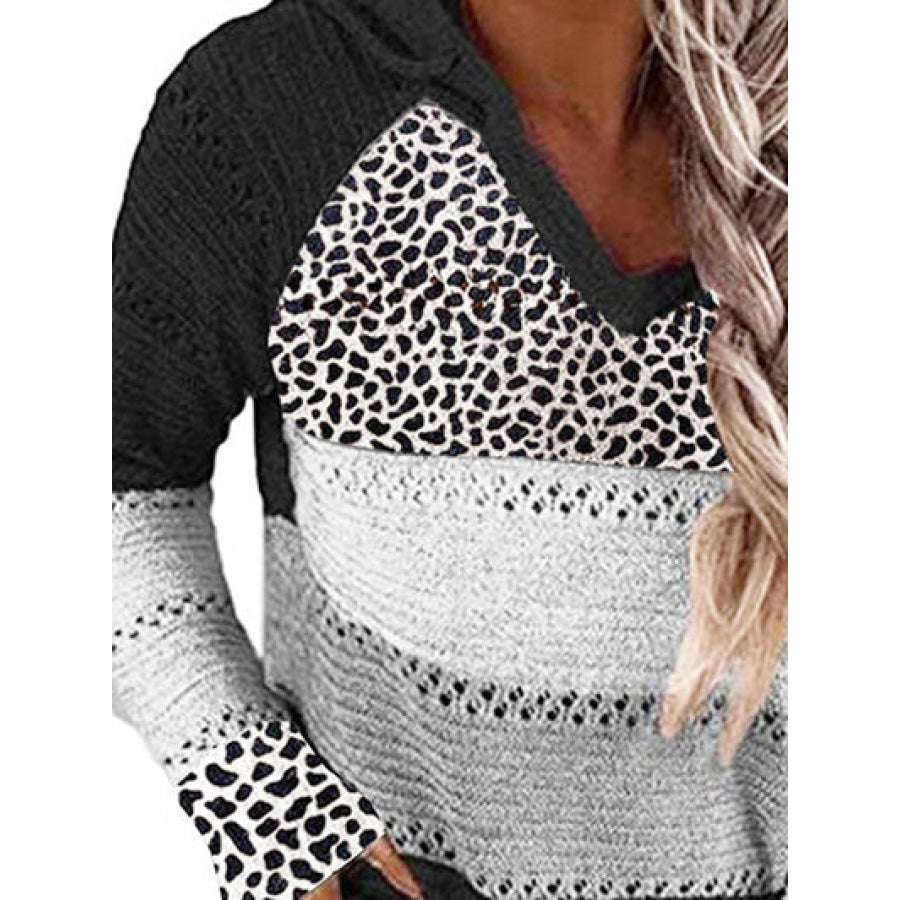 Full Size Openwork Leopard Drawstring Hooded Sweater Apparel and Accessories
