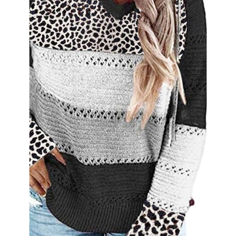 Full Size Openwork Leopard Drawstring Hooded Sweater Apparel and Accessories