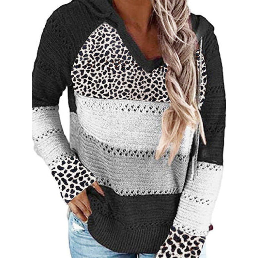 Full Size Openwork Leopard Drawstring Hooded Sweater Black / S Apparel and Accessories
