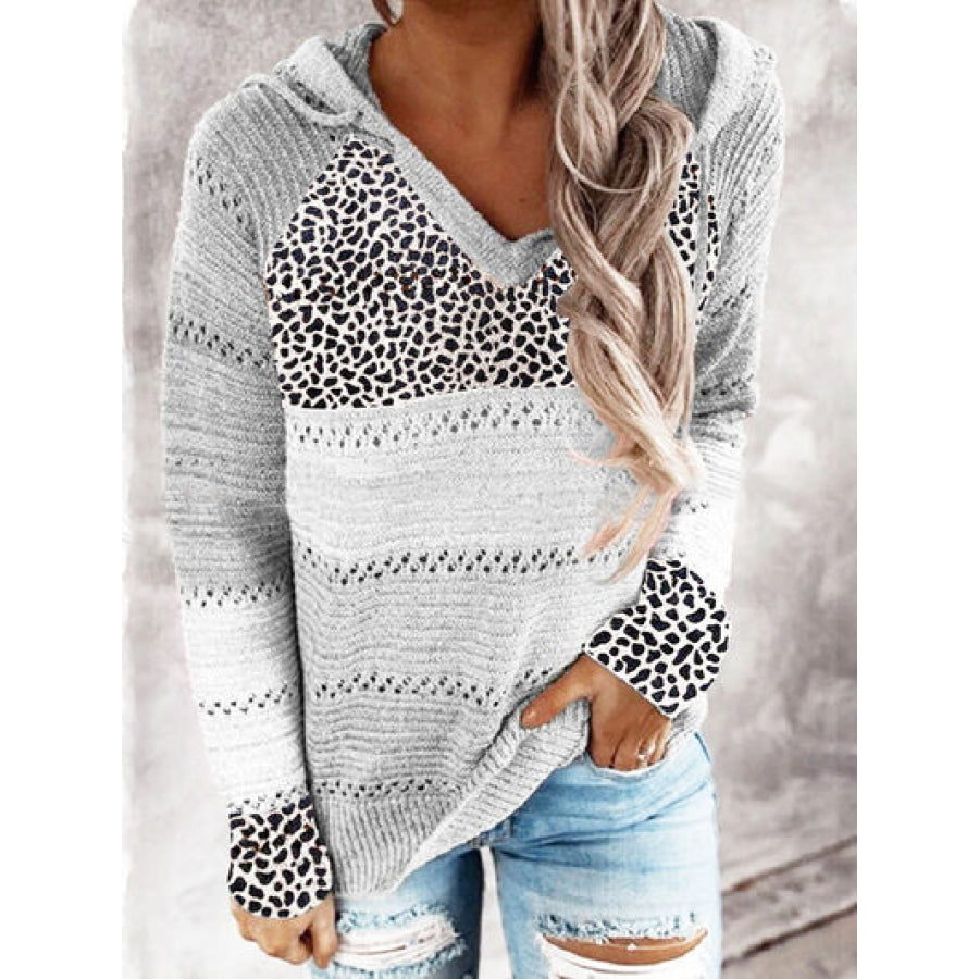 Full Size Openwork Leopard Drawstring Hooded Sweater Light Gray / S Apparel and Accessories