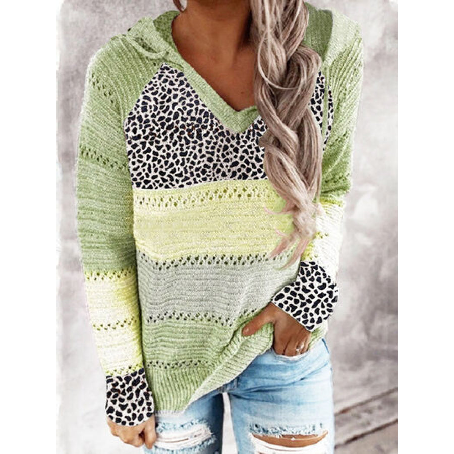 Full Size Openwork Leopard Drawstring Hooded Sweater Light Green / S Apparel and Accessories