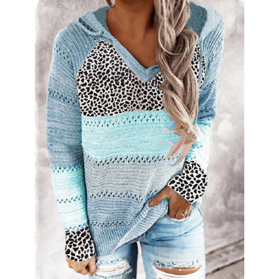 Full Size Openwork Leopard Drawstring Hooded Sweater Misty Blue / S Apparel and Accessories