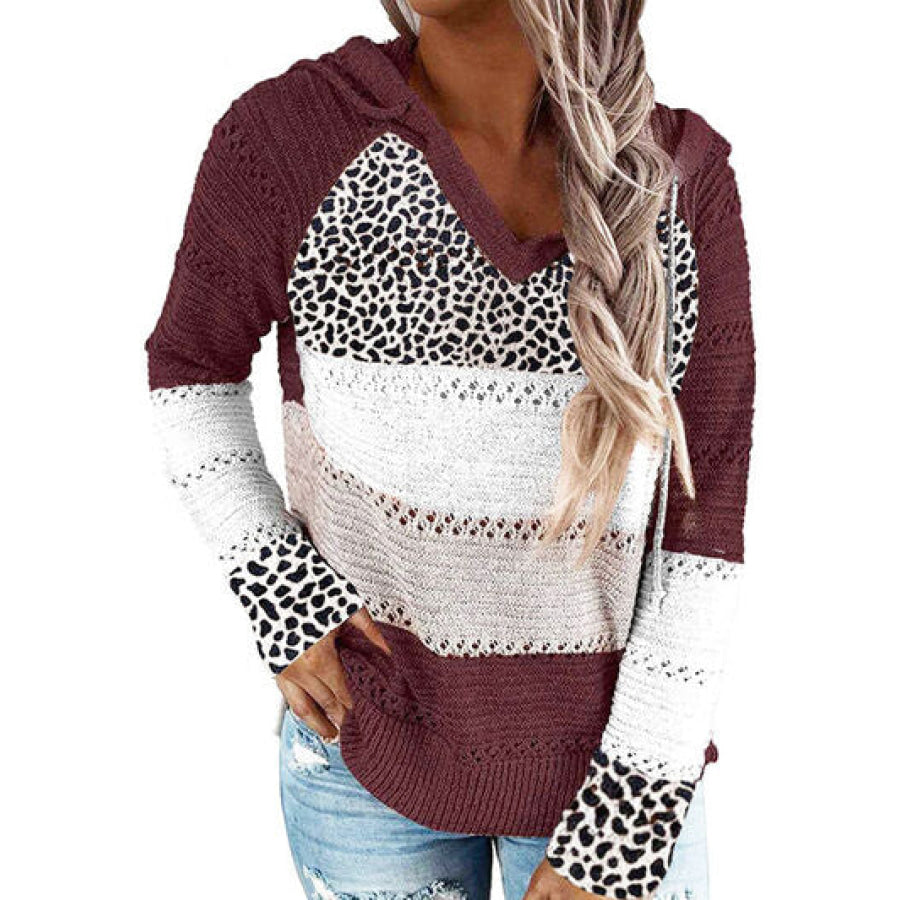 Full Size Openwork Leopard Drawstring Hooded Sweater Wine / S Apparel and Accessories