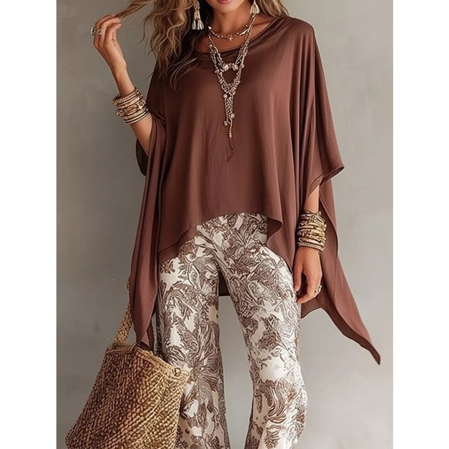 Full Size Oversized Batwing Sleeve Flowy Top Plus Size Brown / S Apparel and Accessories