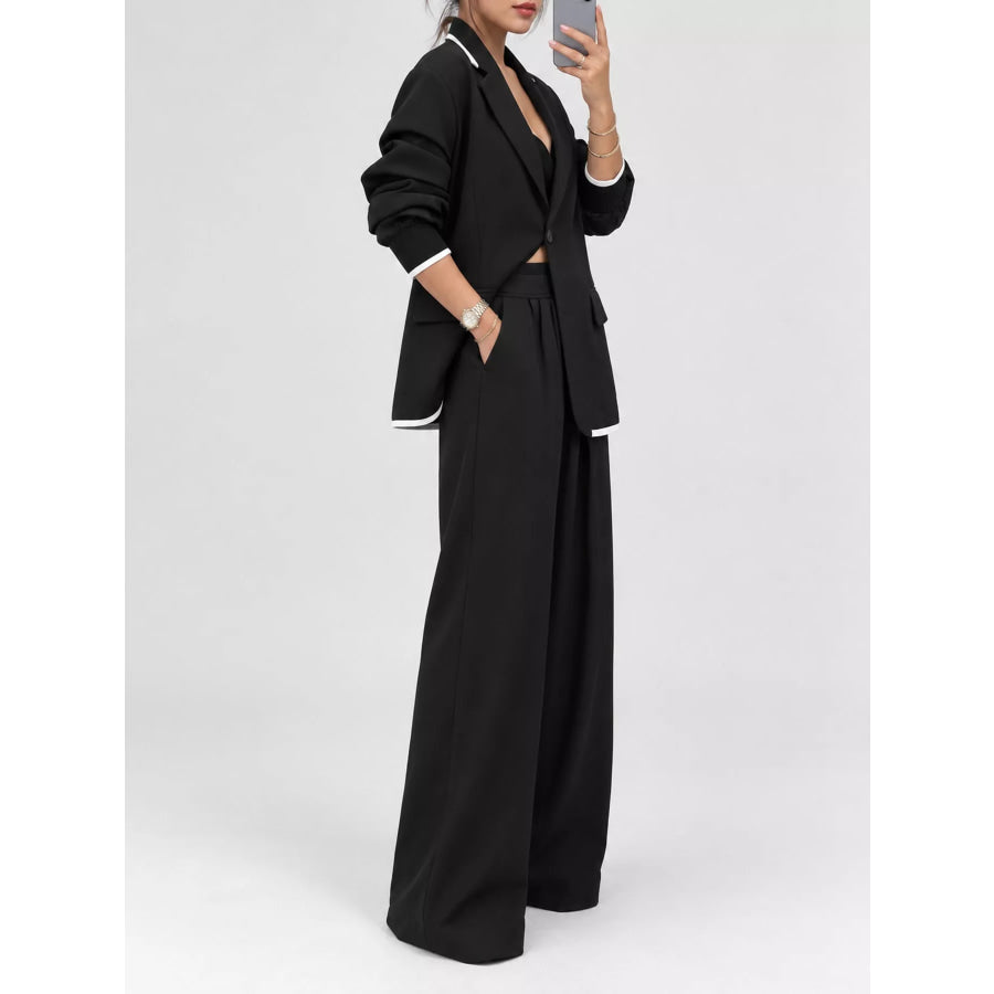 Full Size Oversized Blazer and Wide-Leg Pants Set with Contrast Trim Plus Apparel Accessories