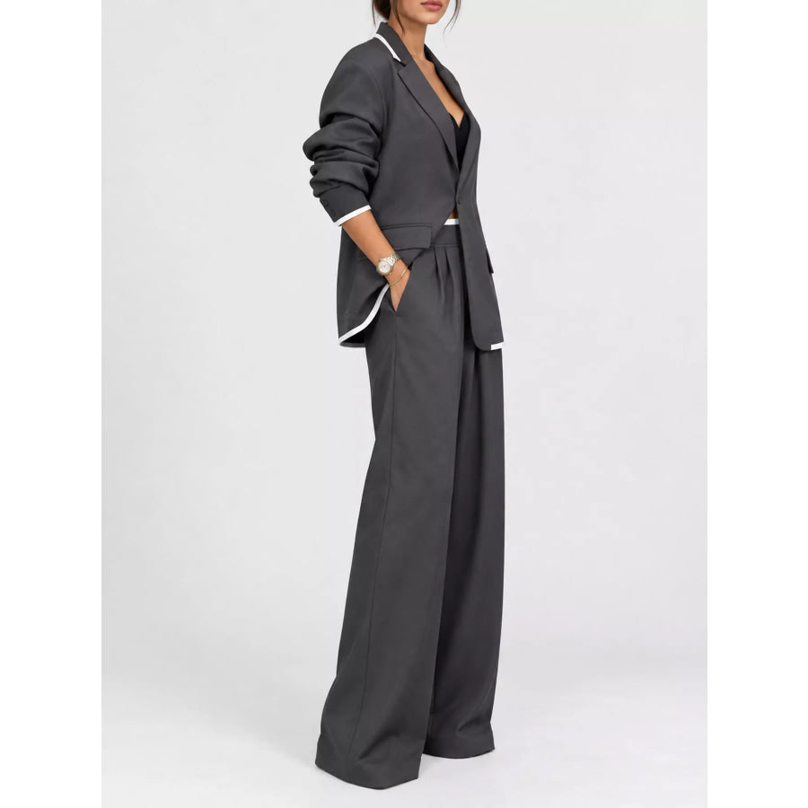 Full Size Oversized Blazer and Wide-Leg Pants Set with Contrast Trim Plus Apparel Accessories