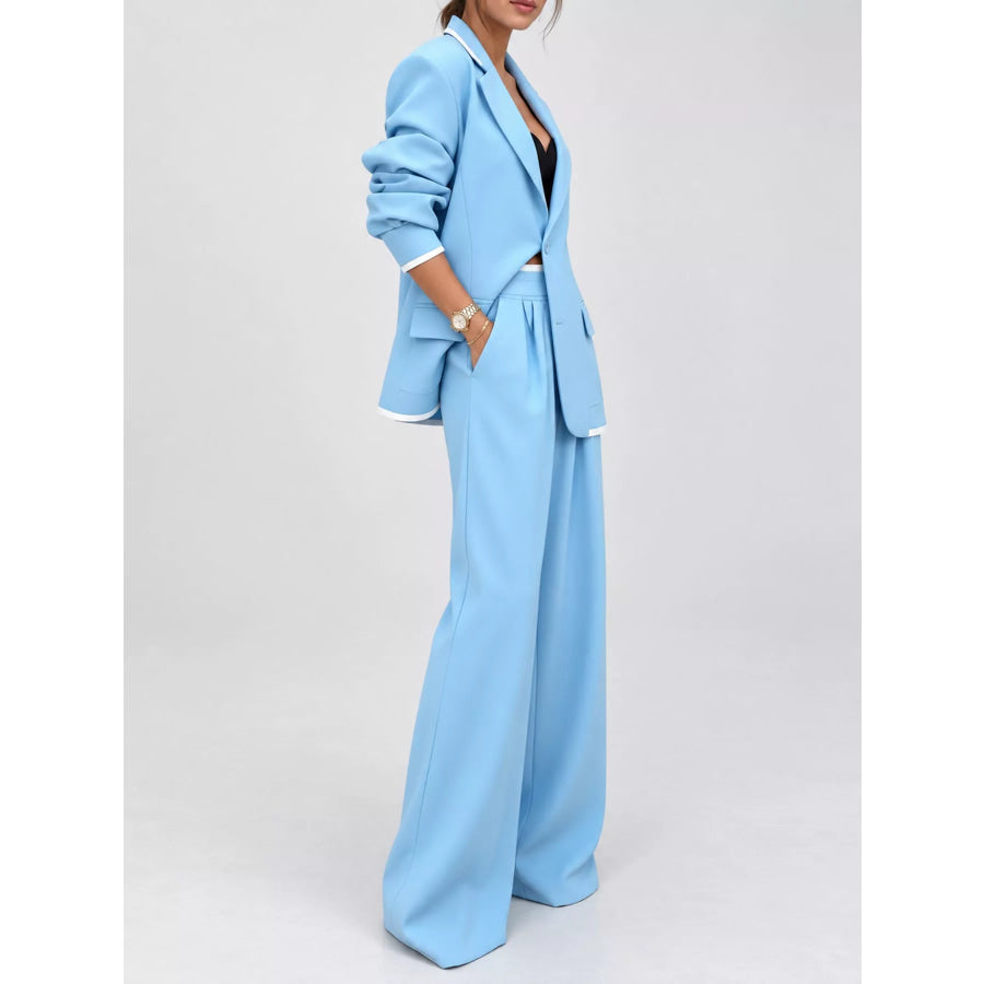 Full Size Oversized Blazer and Wide-Leg Pants Set with Contrast Trim Plus Apparel Accessories