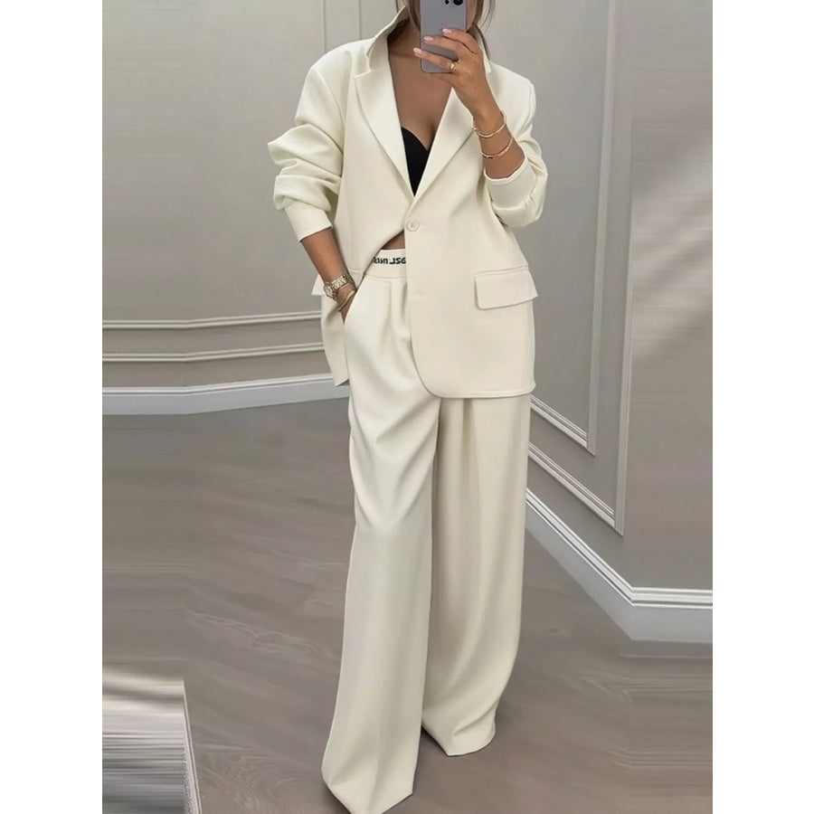 Full Size Oversized Blazer and Wide-Leg Pants Set with Contrast Trim Plus Apricot / S Apparel Accessories