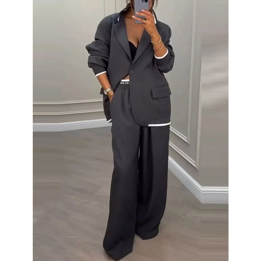Full Size Oversized Blazer and Wide-Leg Pants Set with Contrast Trim Plus Dark Gray / S Apparel Accessories