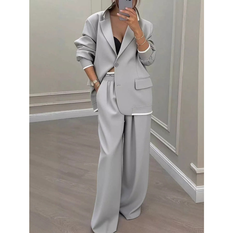 Full Size Oversized Blazer and Wide-Leg Pants Set with Contrast Trim Plus Gray / S Apparel Accessories